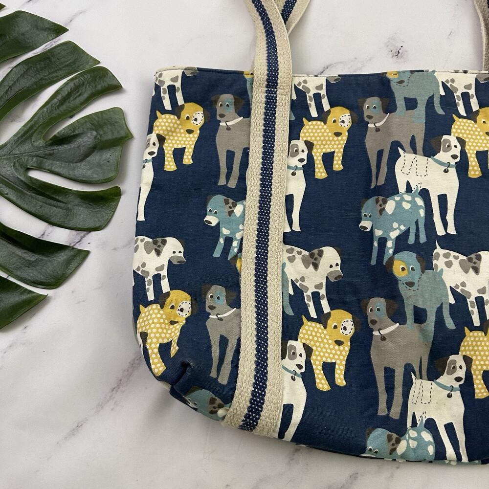 Turquoise Mountain Dog Print Canvas Tote Bag Blue White Handmade Zipper Top - Picture 8 of 11